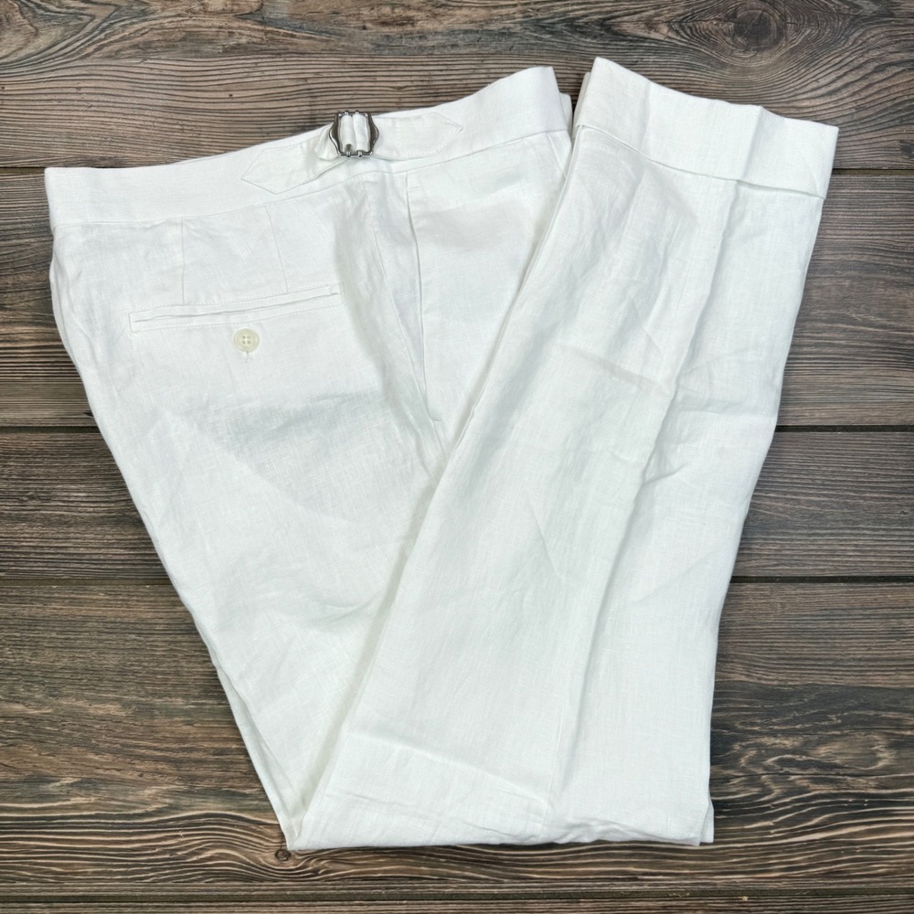 Collars & Co Mens Size 30x30 Linen Trousers White Side Adjuster Pleated Cuffed - Picture 8 of 10